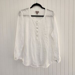 J. JILL White 100% Linen Pintuck Mother of Pearl Buttons Blouse Large Petite